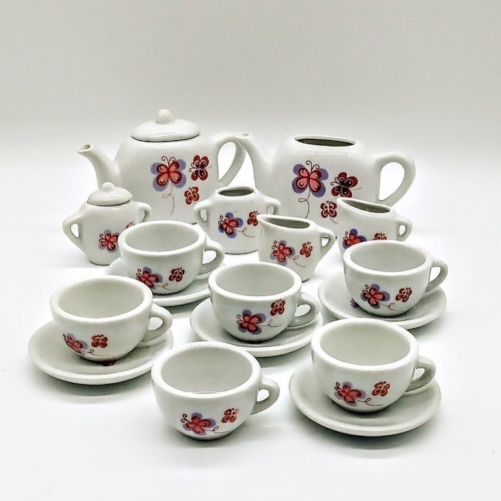 Children's 19-Piece Pink Butterfly Ceramic Tea Set